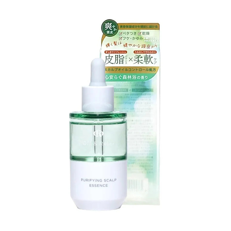 Off&Relax 补水控油护发精华瓶身及其日文说明背卡，展示产品包装细节。