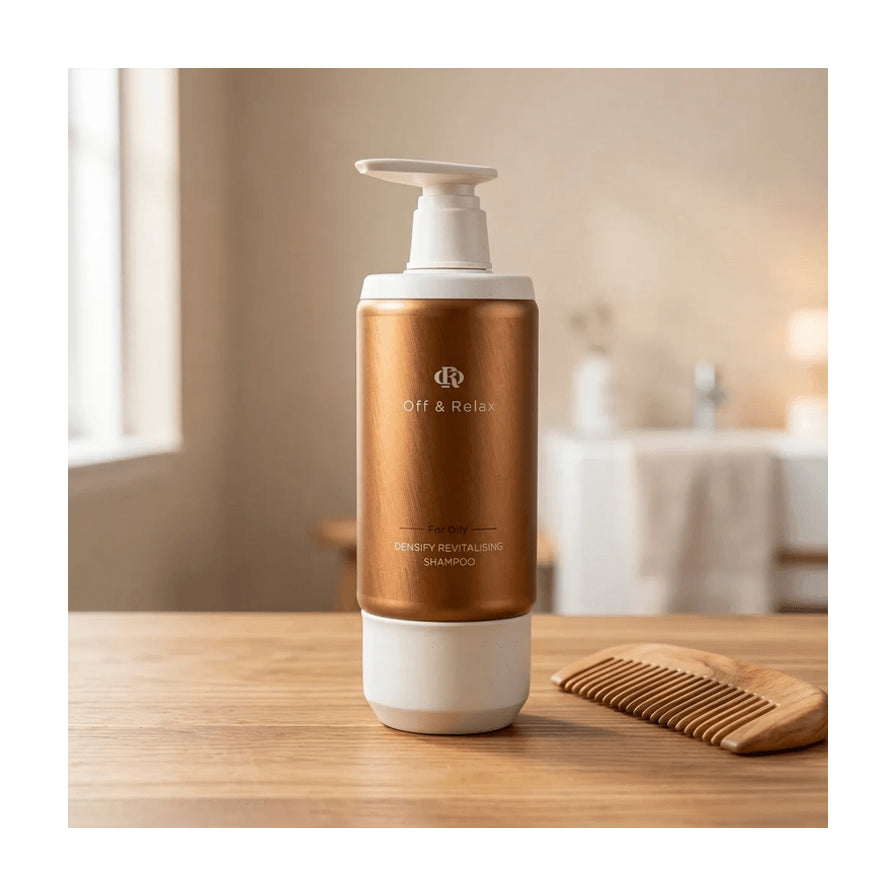 Off & Relax 赋活强韧洗发水（油性发质）置于木质桌面上，旁边放有一把木梳，背景为模糊的浴室环境。