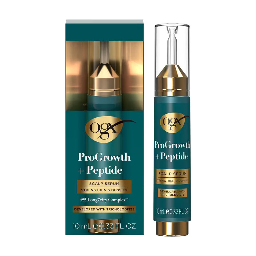 OGX ProGrowth + Peptide 头皮精华液 10ml 包装盒与滴管瓶身展示，深绿色调设计，标注含 9% Long7vity Complex。