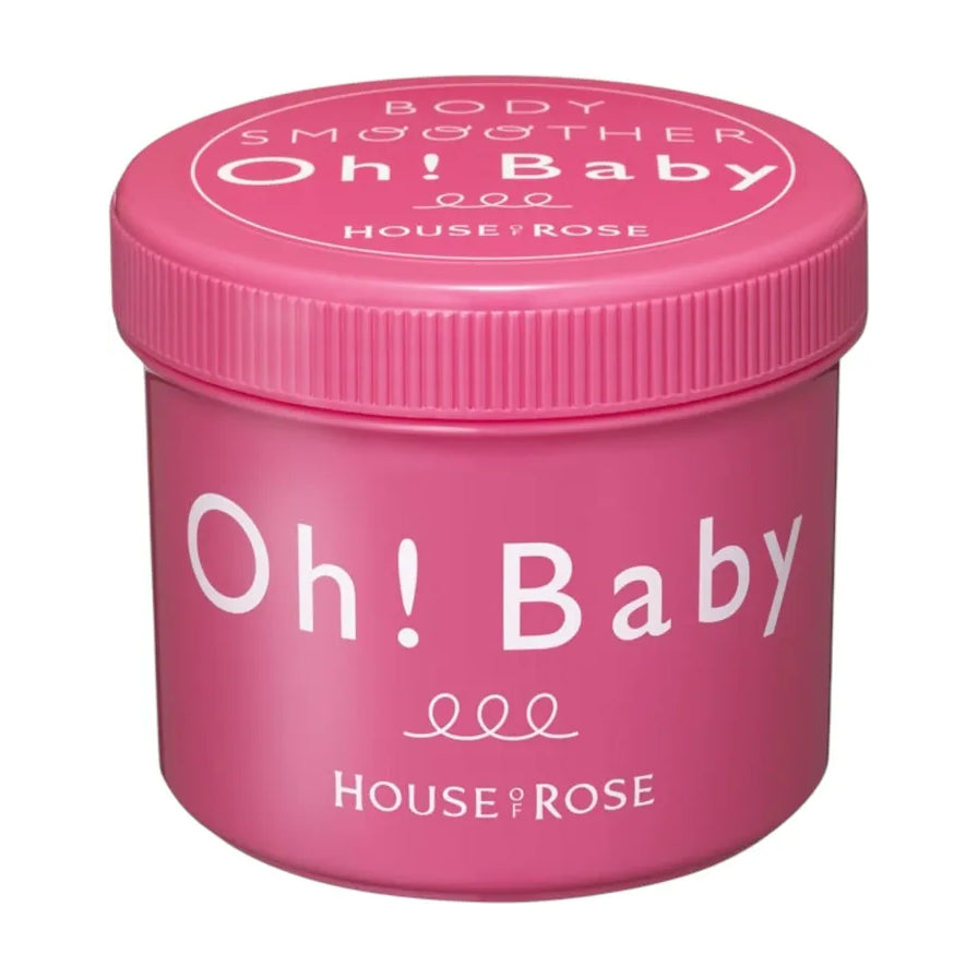 House of Rose Oh! Baby 身体磨砂膏粉色罐装正面特写，白色背景展示产品包装细节。