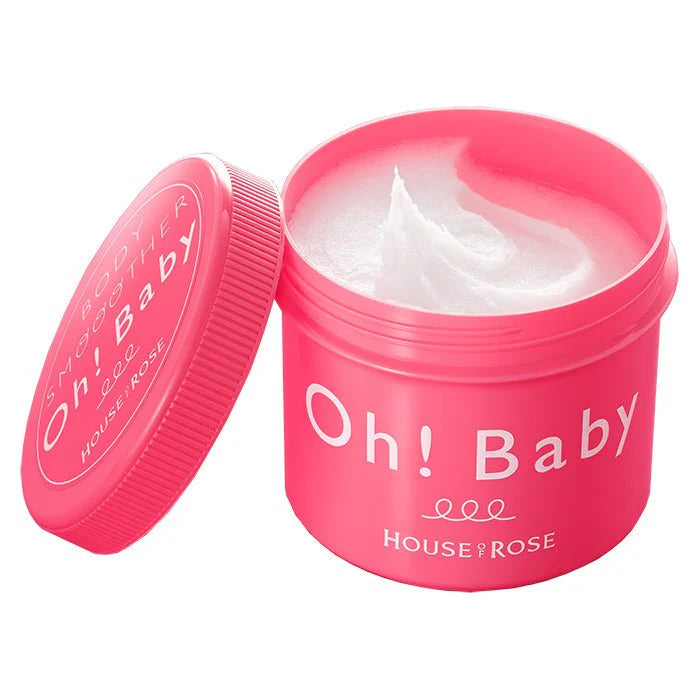 粉色罐装 Oh! Baby 身体磨砂膏开盖展示，露出内部白色乳霜质地，背景为纯白。