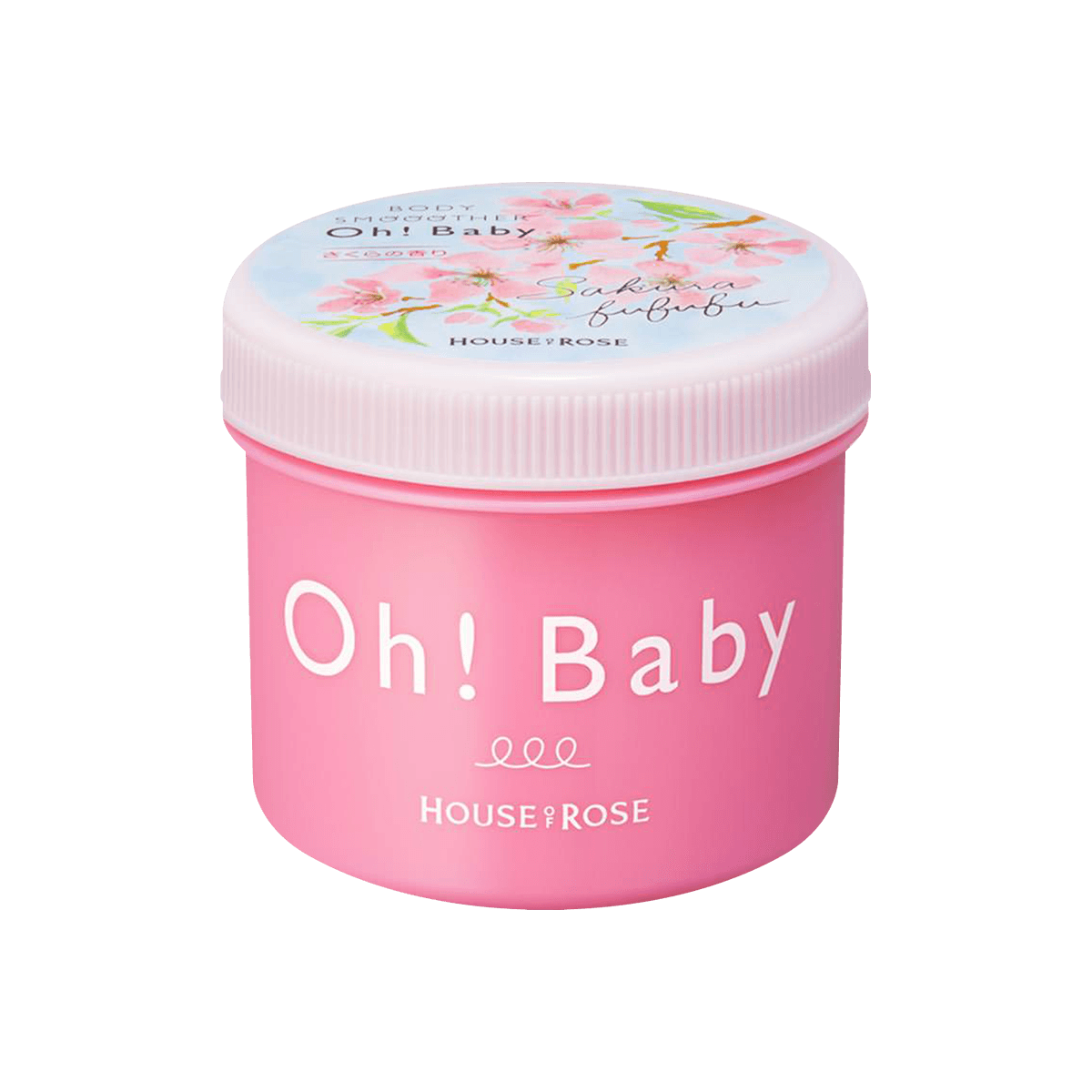 粉色罐装 Oh! Baby 樱花味身体磨砂膏正面特写，盖子印有樱花图案，黑色背景。