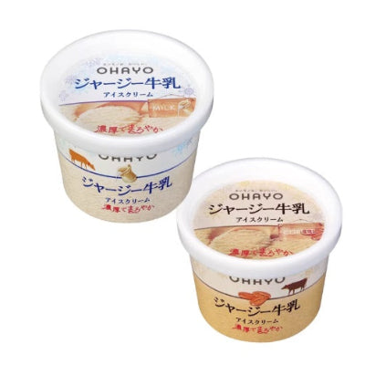 OHAYO 泽西牛乳与牛乳咖啡口味冰淇淋杯组合展示，独立小杯包装