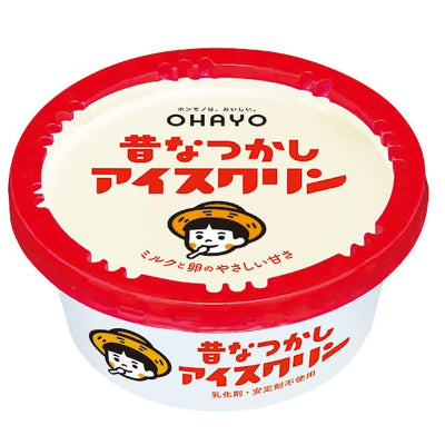 OHAYO 怀旧风味冰淇淋杯 150ml 红白复古包装正面图，含小男孩插画