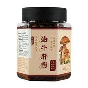 致山野油牛肝菌酱正面特写，米色标签印有“油牛肝菌”大字及蘑菇插画，瓶身侧面可见营养成分表。