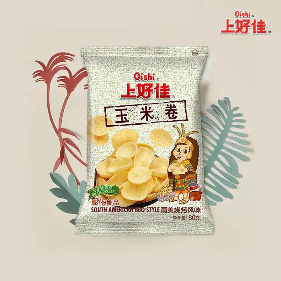 上好佳玉米卷80克包装正面图，印有南美烧烤风味字样及卡通形象。