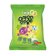 上好佳洋葱圈经典原味包装图，绿色袋装，印有洋葱卡通形象和Onion Rings英文字样，净含量80克。