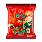 上好佳番茄味薯条包装正面图，红色包装袋上印有卡通薯条骑摩托车和番茄图案，标注非油炸、无反式脂肪。