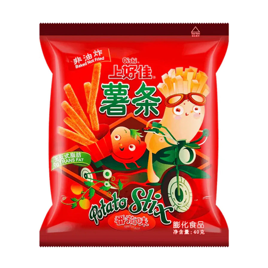 上好佳番茄味薯条包装正面图，红色包装袋上印有卡通薯条骑摩托车和番茄图案，标注非油炸、无反式脂肪。