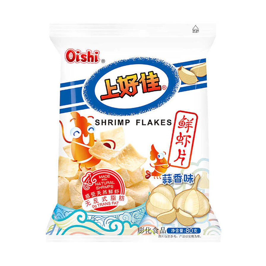 上好佳鲜虾片蒜香味包装袋，印有大蒜图案和鲜虾卡通形象