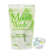 Okina 无酒精漱口水便携装，包含一个印有 Mouth Wash 字样的绿色大包装袋及一个独立的白色果冻杯装漱口水。