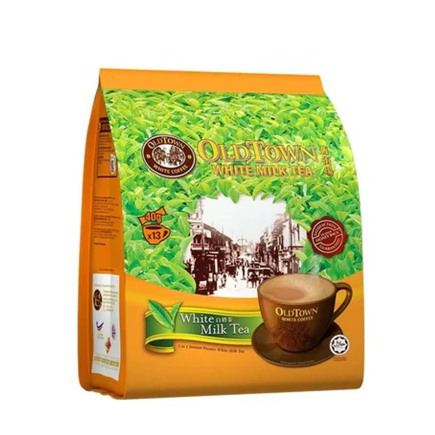 旧街场南洋奶茶包装袋，橙色背景，印有翠绿茶叶、南洋街景和一杯丝滑奶茶，规格为13条装。