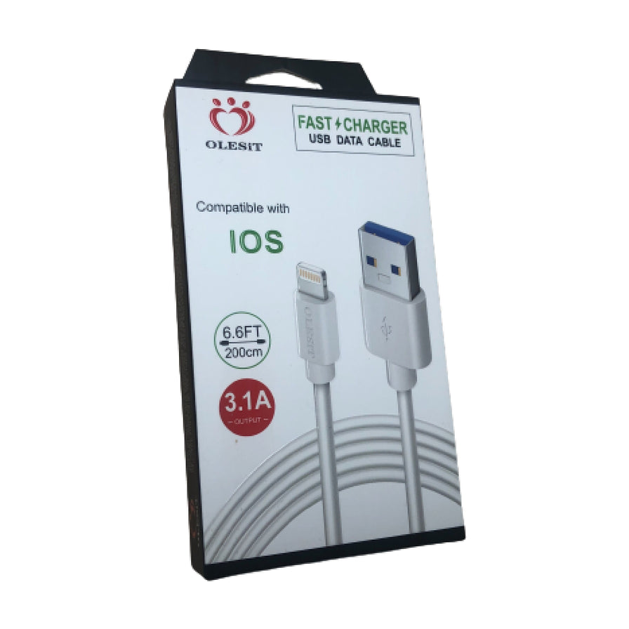 OLESIT 3.1A Lightning 快充数据线包装盒，标注 2 米长度及 3.1A 输出功率，兼容 iOS 设备。