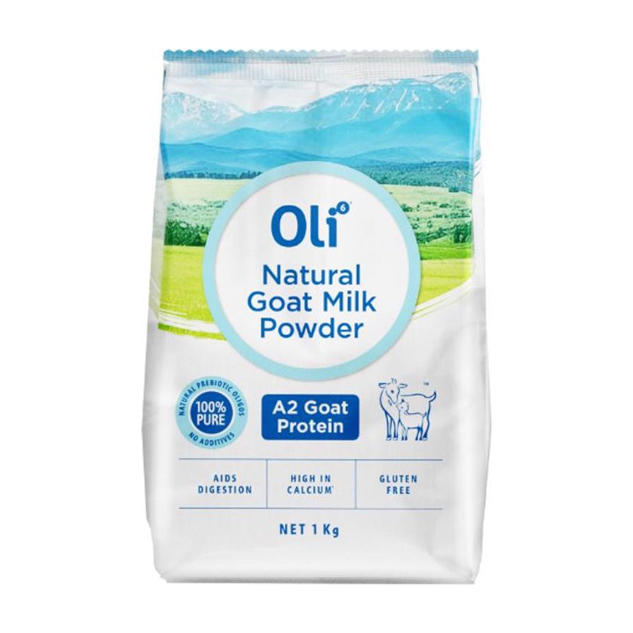 Oli 成人羊奶粉 1kg 包装正面图，显示 A2 羊乳蛋白、高钙、无麸质等产品信息。