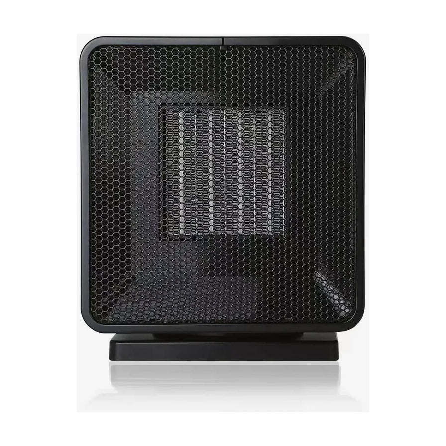Omega Altise 2400W 陶瓷电暖器正面图，黑色简约方形设计，带有蜂窝状保护网罩。