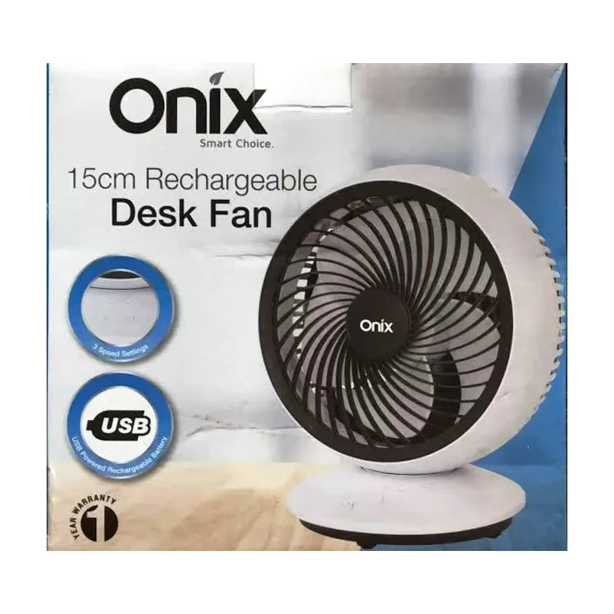 Onix 15cm 充电式桌面风扇包装盒，展示产品外观、USB 充电标识及 3 档风速卖点。