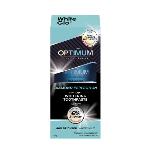 Optimum Diamond Perfection 钻石光泽牙膏包装盒正面，浅蓝色设计，强调冰爽薄荷味与亮白笑容。