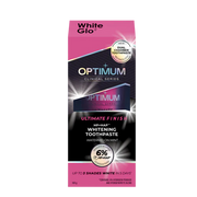 Optimum Ultimate Finish 5 天速白牙膏包装盒正面，粉色设计，展示双腔技术与美白效果承诺。