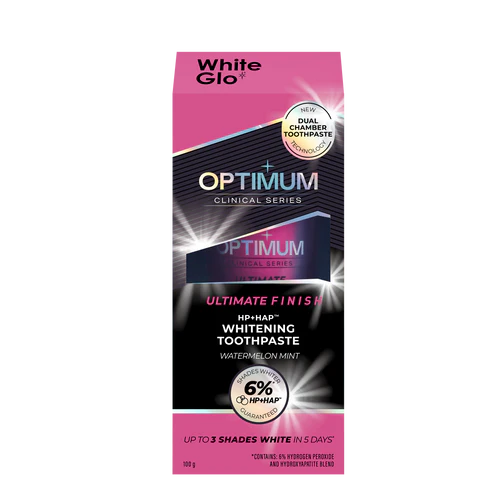 Optimum Ultimate Finish 5 天速白牙膏包装盒正面，粉色设计，展示双腔技术与美白效果承诺。