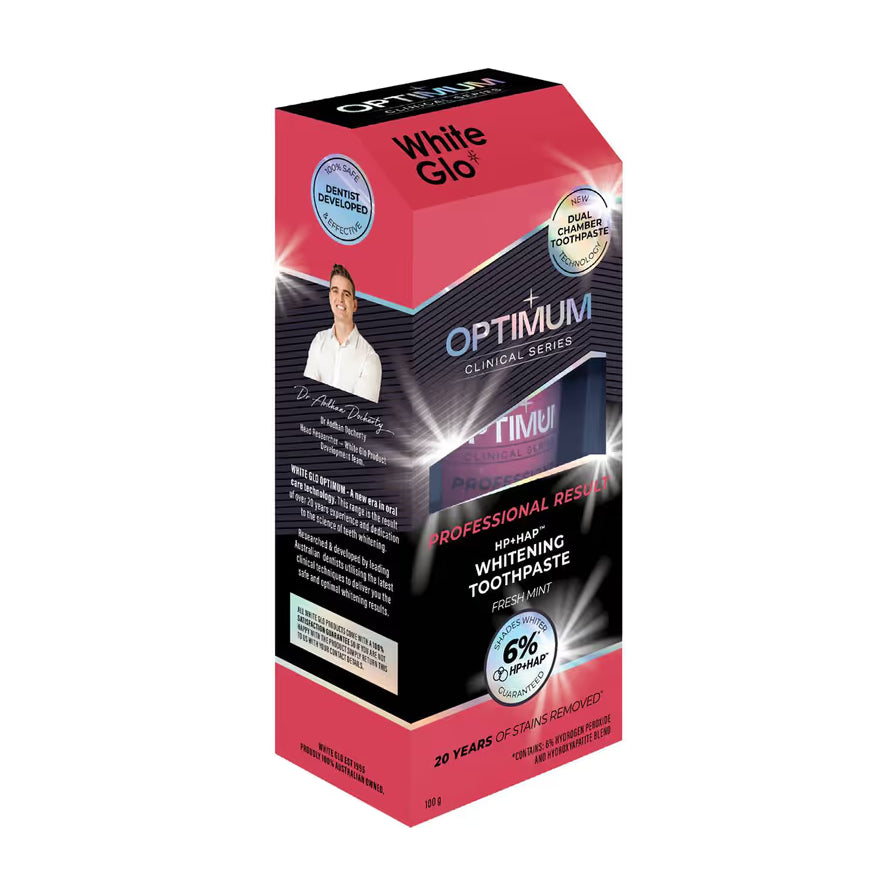 Optimum Clinical Series Professional Result 美白牙膏包装盒正面图，红色主色调，Fresh Mint 口味。