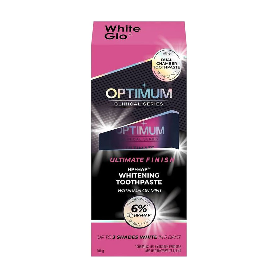 Optimum Clinical Series Ultimate Finish 美白牙膏包装盒正面图，粉色主色调，Watermelon Mint 口味。