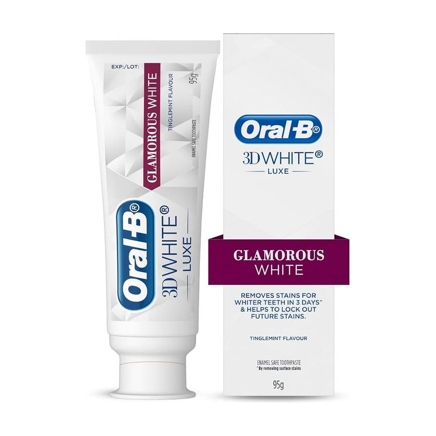 欧乐 B Oral - B 3D White Luxe 炫光白牙膏 95g 管身与包装盒正面展示图，白色背景。