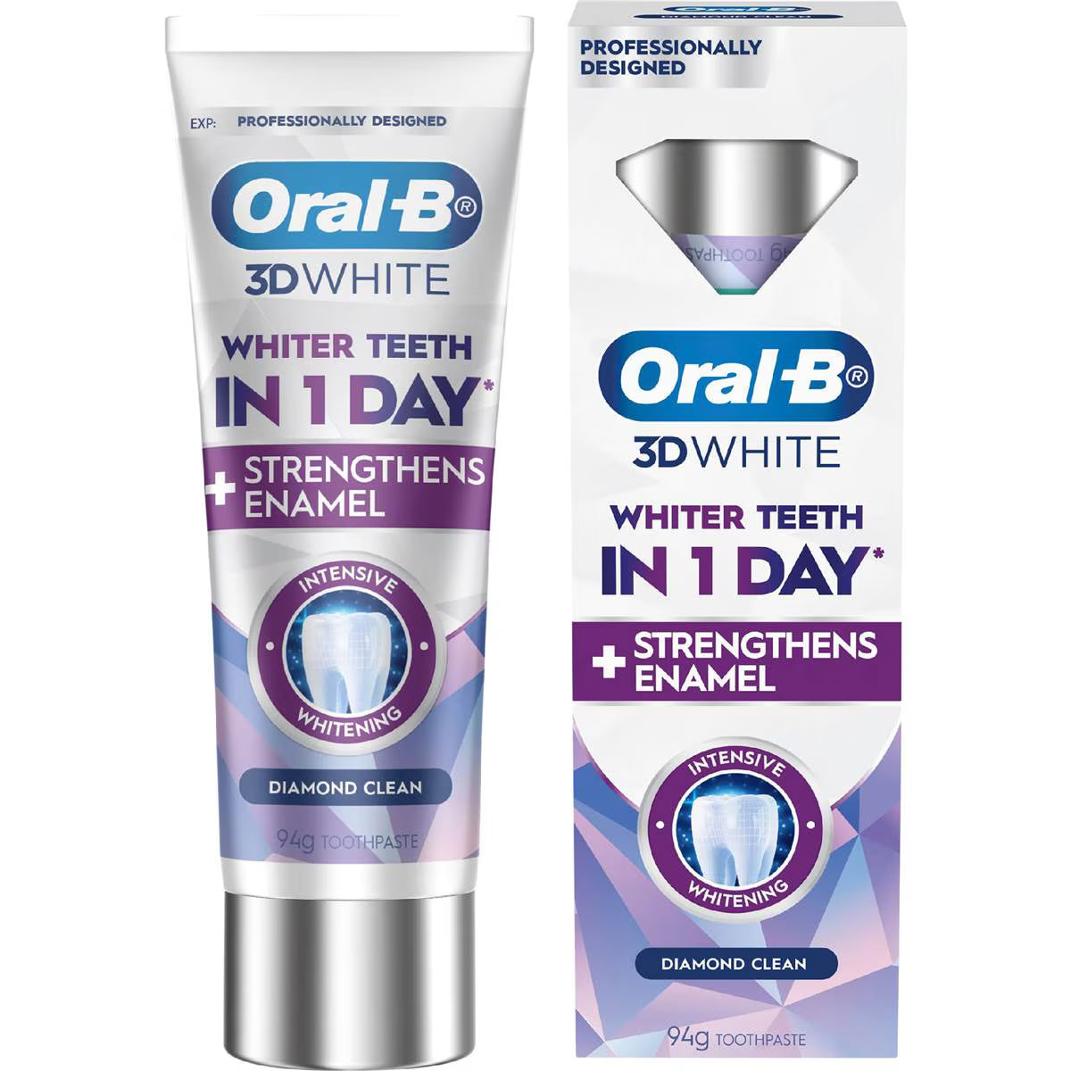 Oral - B 3D White 钻石清洁牙膏管身与外包装盒正面展示，紫白配色，强调一天美白效果。