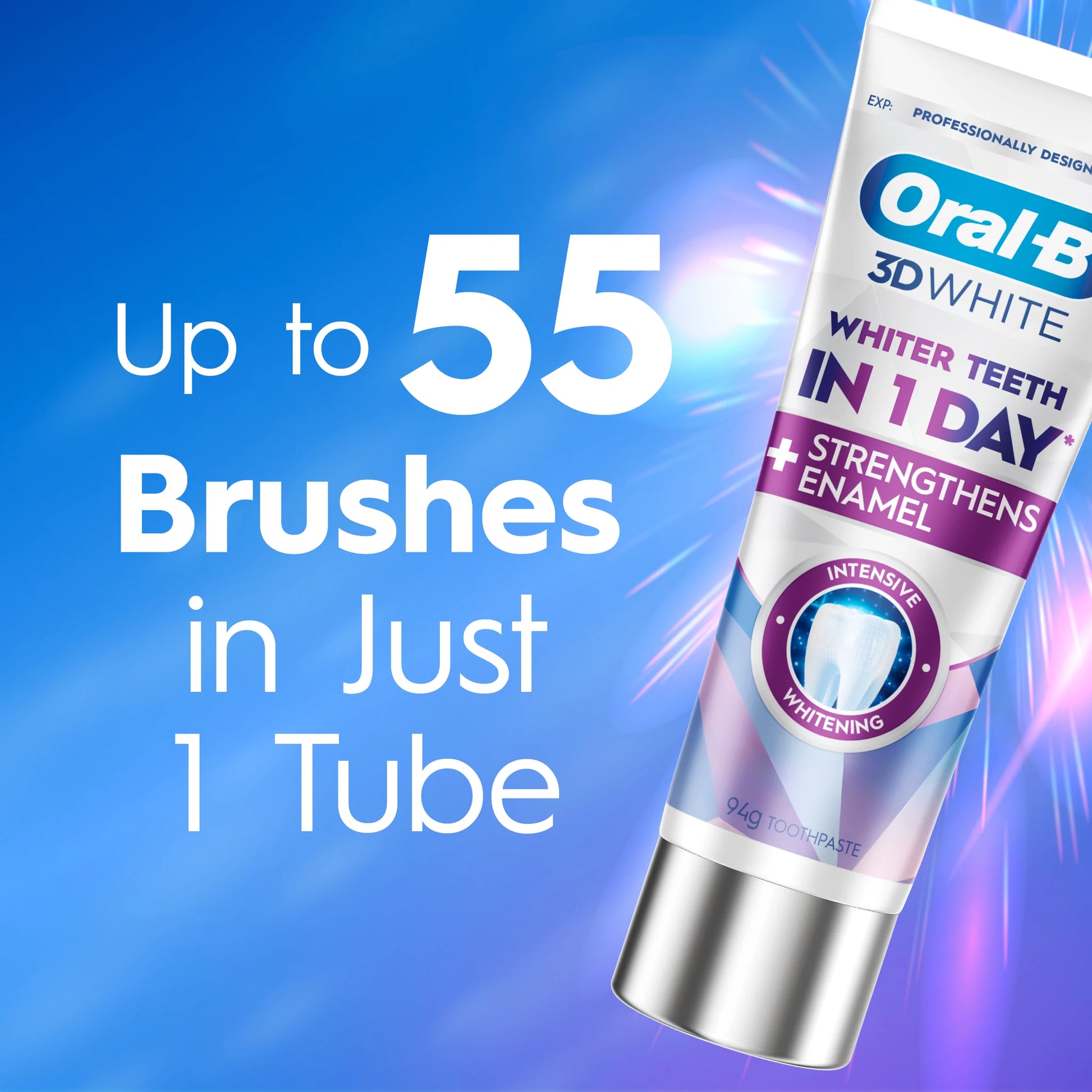 Oral - B 3D White 牙膏产品特写图，蓝色背景配有白色英文宣传语，强调一支相当于 55 次刷牙用量。