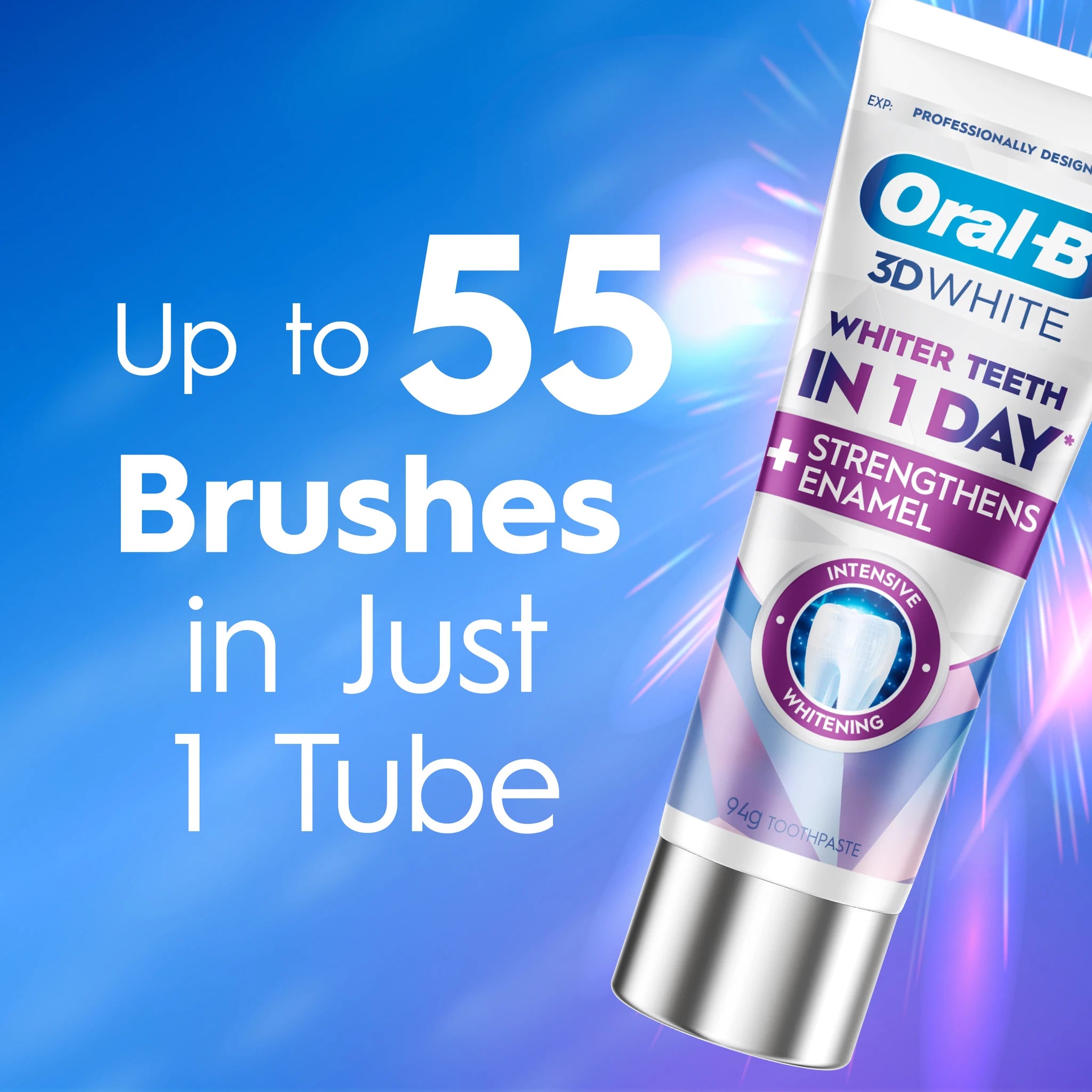 Oral - B 3D White 牙膏产品特写图，蓝色背景配有白色英文宣传语，强调一支相当于 55 次刷牙用量。