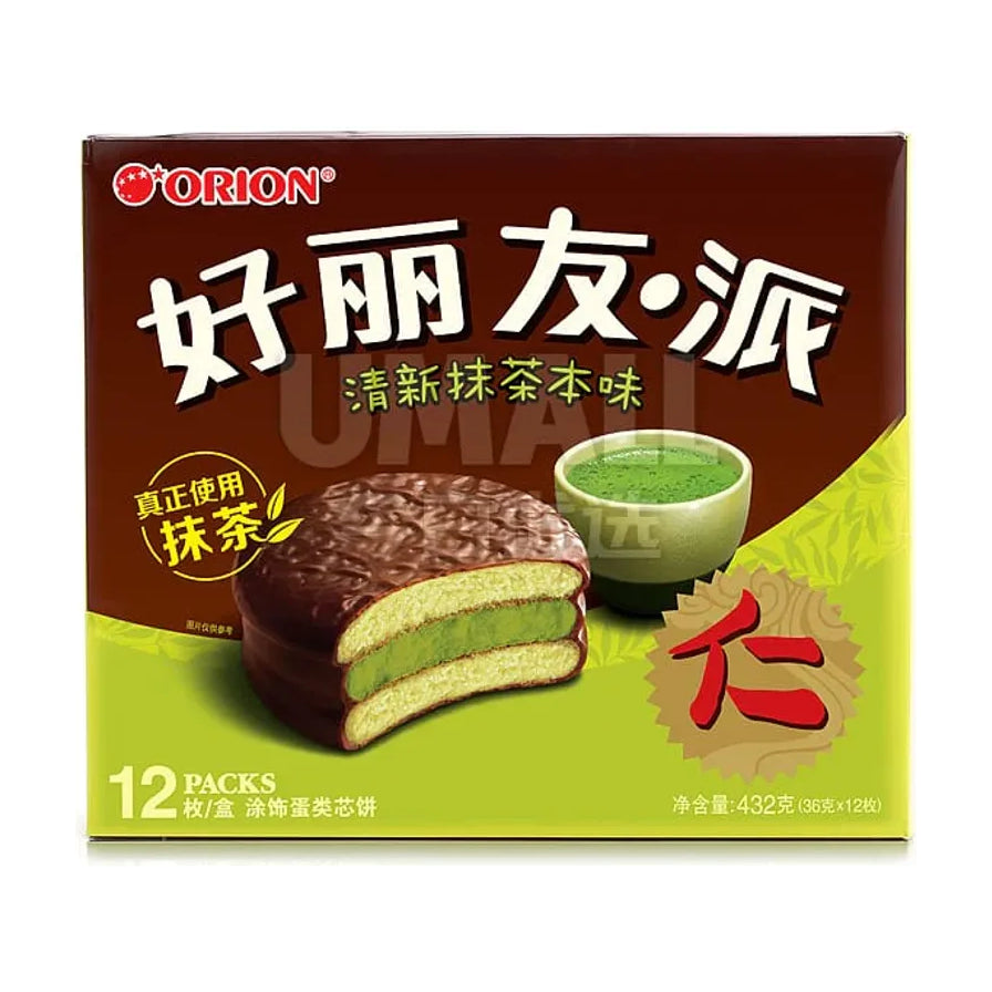 好丽友派清新抹茶味432g包装正面图，展示巧克力涂层蛋糕和抹茶夹心切面，标注12枚装。