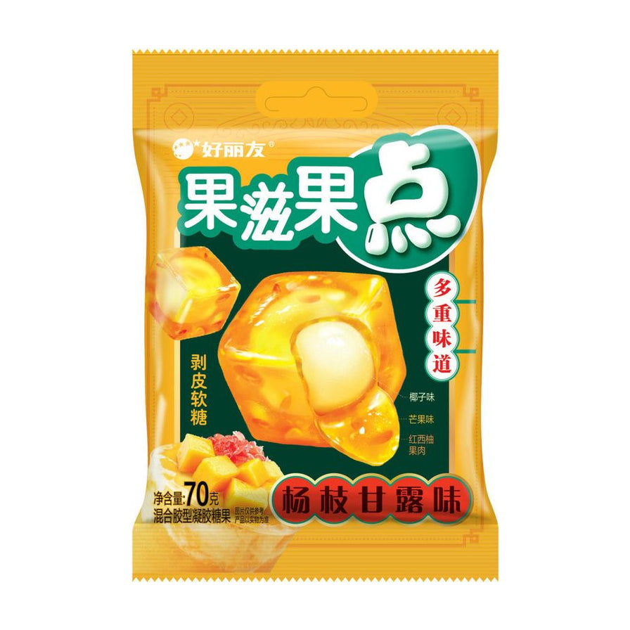 好丽友果滋果点杨枝甘露味剥皮软糖包装正面图，展示黄色包装袋及Q弹软糖特写。