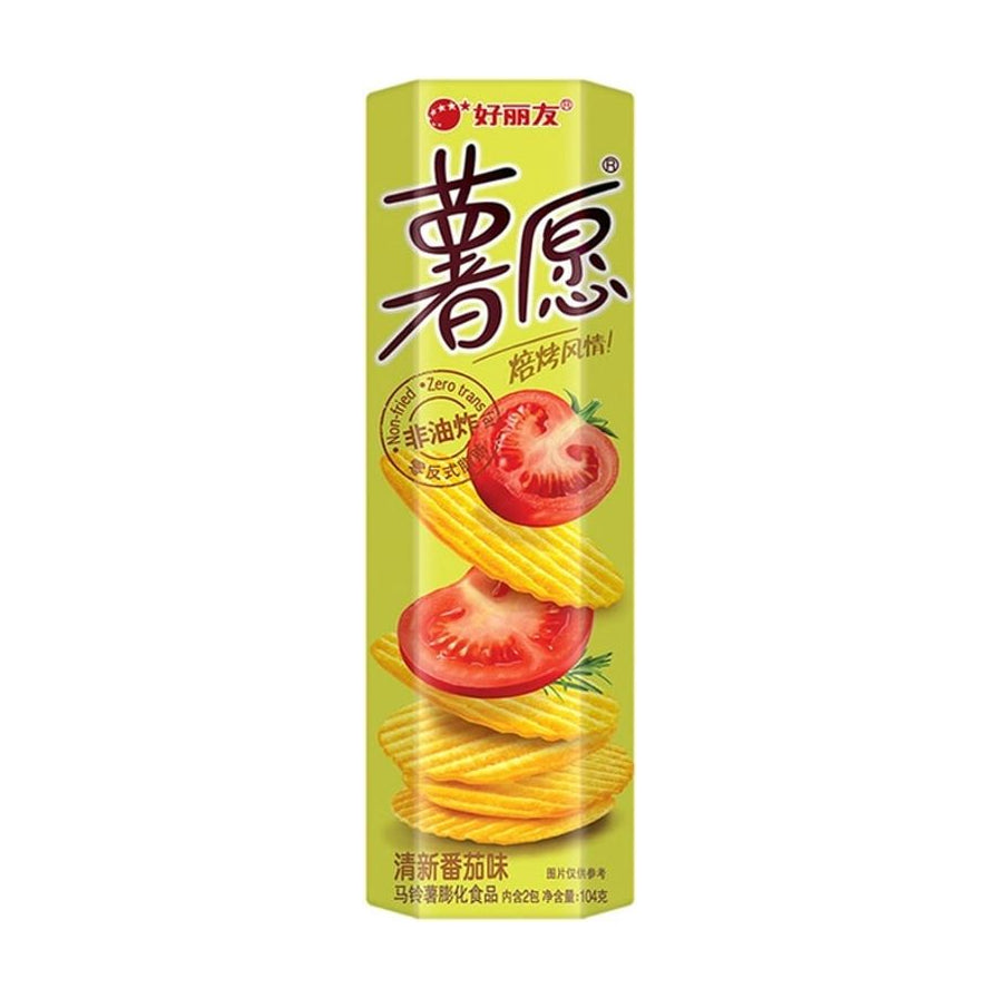 好丽友薯愿清新番茄味波浪薯片包装盒正面图，绿色背景，印有番茄切片和非油炸标识。