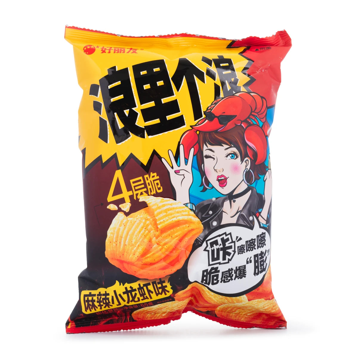 好丽友浪里个浪小龙虾味薯片包装正面，红色调包装设计展示脆片