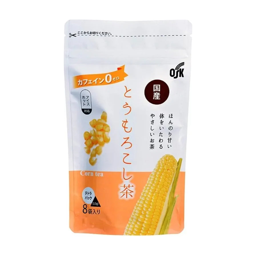 OSK日本产玉米茶包装正面图，白色袋装，印有玉米图案、0咖啡因标识及8袋入规格。