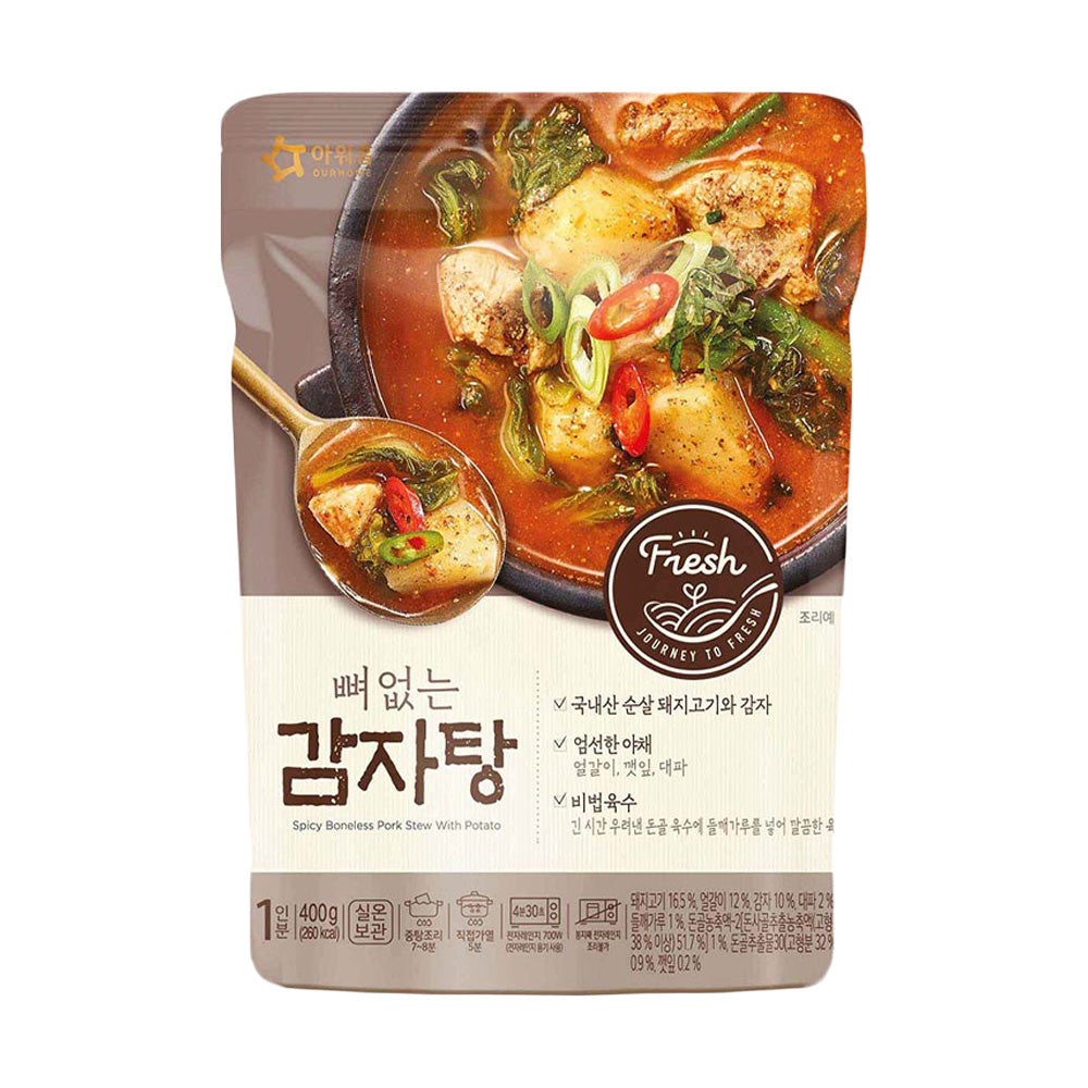 Ourhome 无骨排骨土豆汤 400g 产品包装正面图，展示微辣紫苏风味即食汤品外观。
