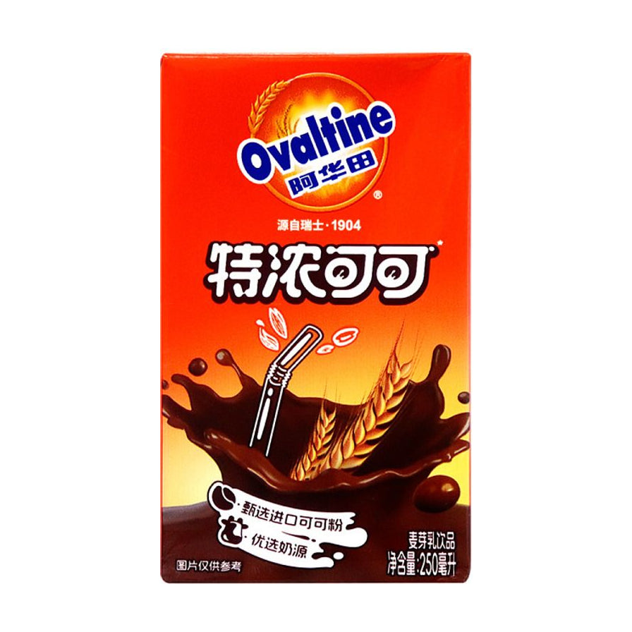 阿华田特浓可可正面包装图，橙色背景，印有麦芽、可可飞溅图案及特浓可可字样。