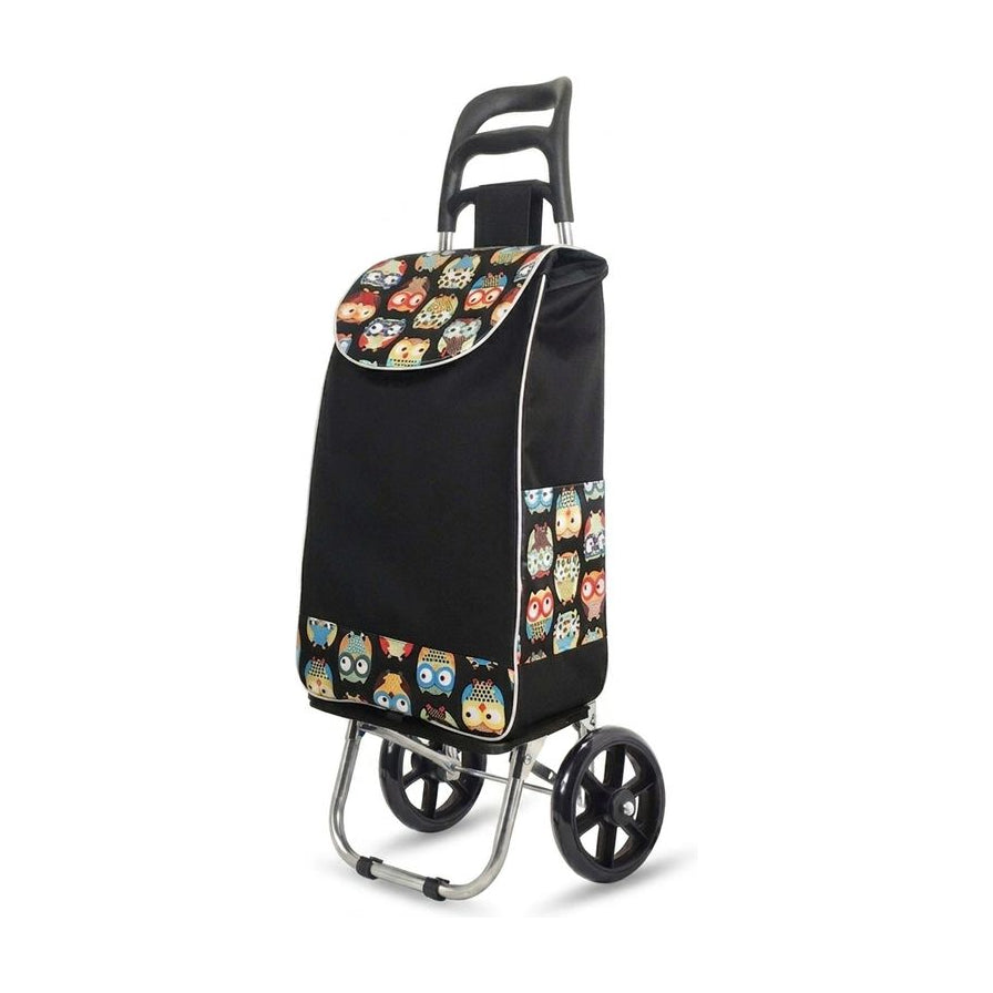 猫头鹰图案双轴购物车侧面图，黑色布袋配彩色猫头鹰印花，不锈钢车架和黑色轮子，白色背景。