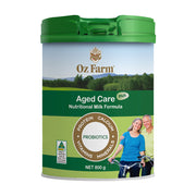 Oz Farm 中老年营养奶粉 800g 罐装正视图，包装印有 Aged Care Plus 字样及老年夫妇骑行图案