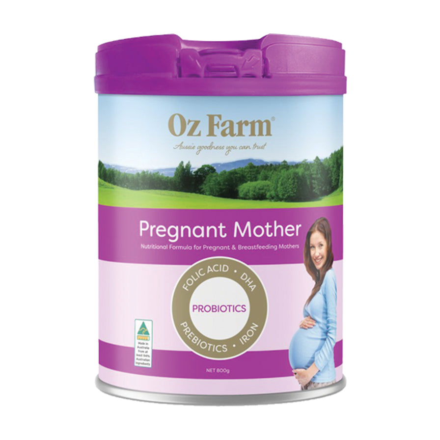 Oz Farm 孕妇营养奶粉 800g 罐装正面，紫色罐盖，包装印有孕妇形象及叶酸、DHA、益生菌等营养成分标识。