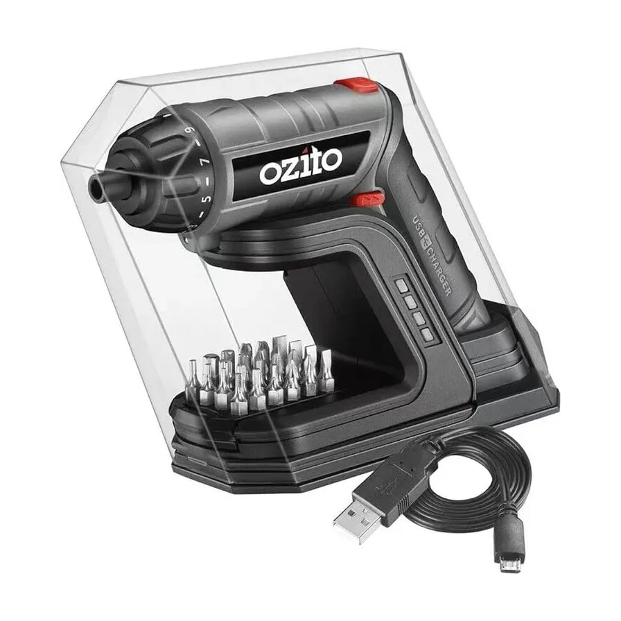 Ozito 3.6V 锂电多功能充电式起子机，包含主机、27件不同规格起子头、透明硬壳收纳盒及 USB 充电线。