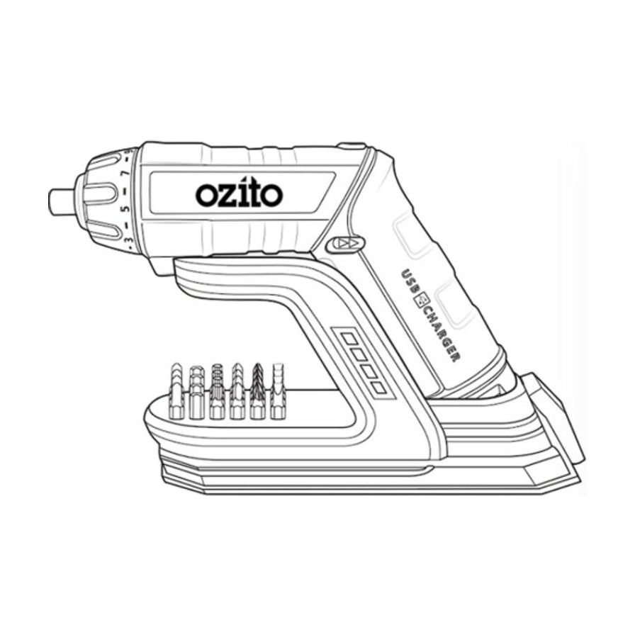 Ozito 3.6V 充电式起子机侧面轮廓线稿图，展示机身结构、扭力调节环、电量指示灯及起子头收纳位。