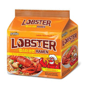 Paldo八道龙虾味拉面黄色包装，正面印有大号LOBSTER英文、龙虾图案及煮好的拉面效果图。