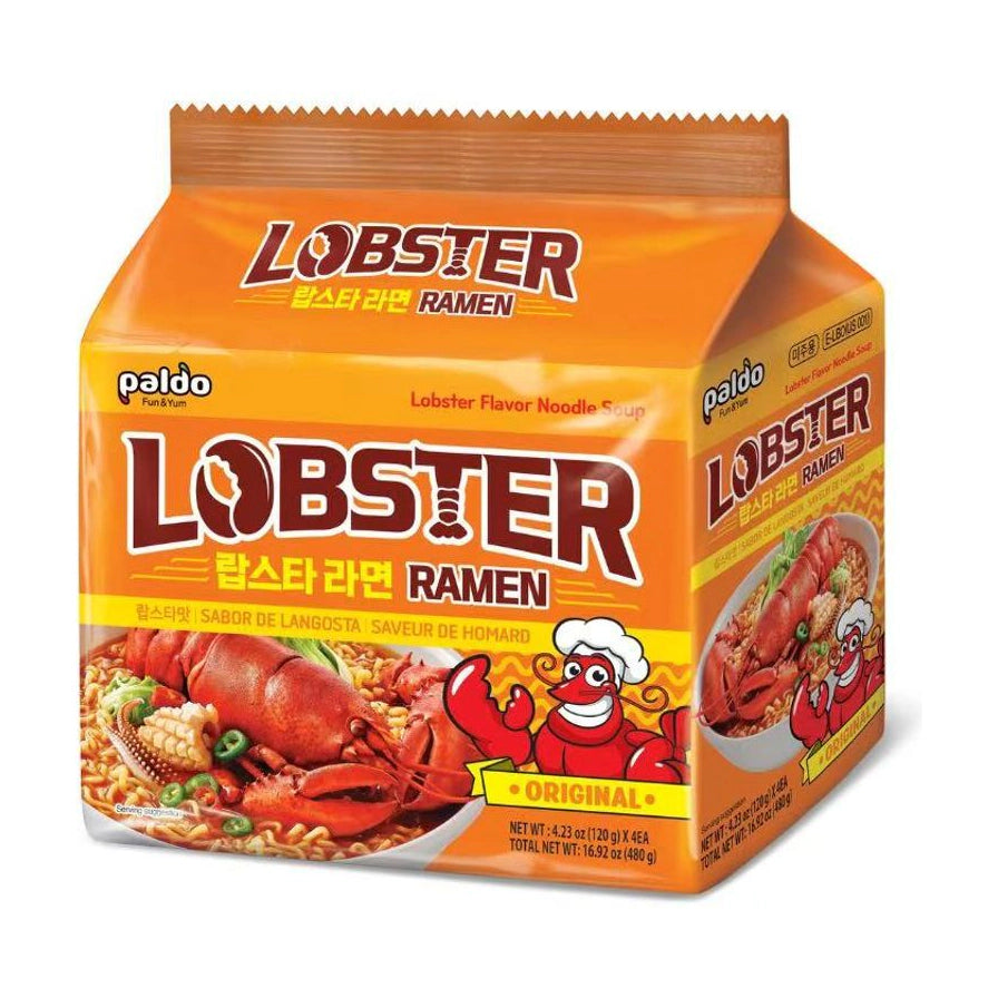 Paldo八道龙虾味拉面黄色包装，正面印有大号LOBSTER英文、龙虾图案及煮好的拉面效果图。