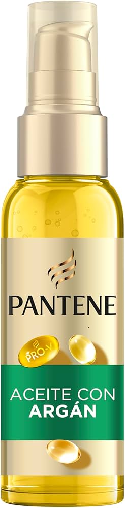 Pantene Pro - V 摩洛哥阿甘油护发精油瓶身特写，金色喷雾泵头与透明瓶身展示内部黄色油状质地。