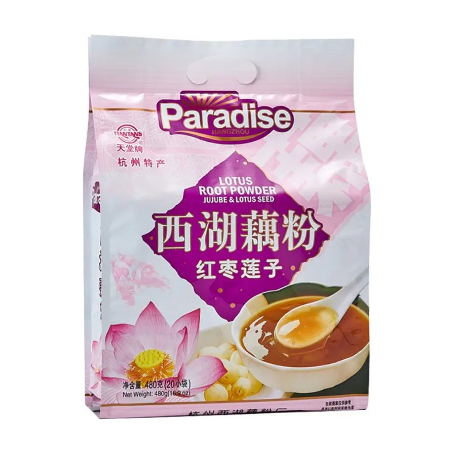 天堂牌西湖藕粉红枣莲子味包装正面图，紫色调包装，印有荷花图案和冲泡后的藕粉碗装效果。