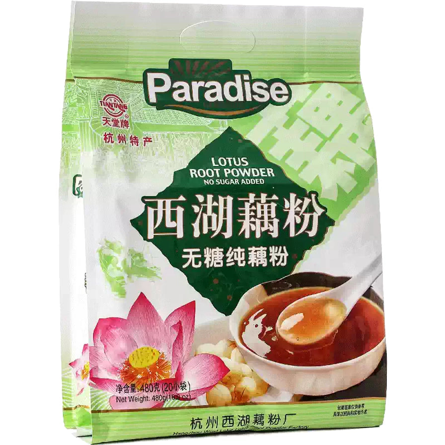 天堂牌西湖藕粉无糖纯藕粉包装正面图，深绿色调包装，标注无糖配方，适合健康饮食需求。