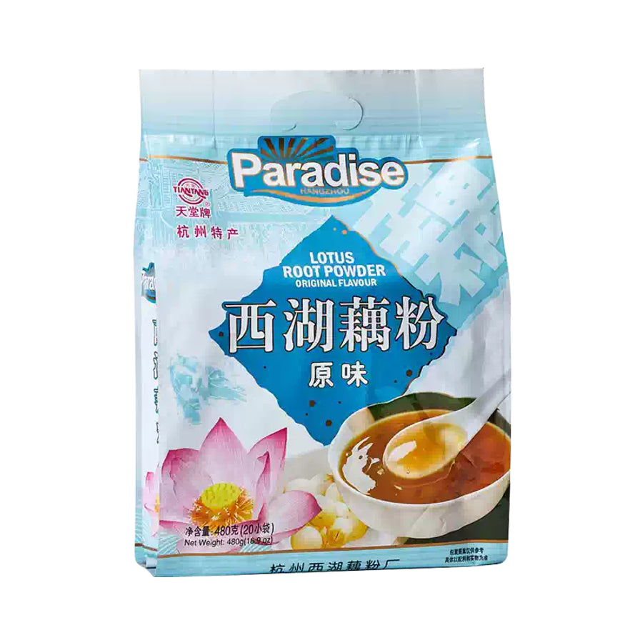 天堂牌西湖藕粉原味包装正面图，蓝色调包装，展示了杭州特产标识及晶莹剔透的藕粉糊效果图。