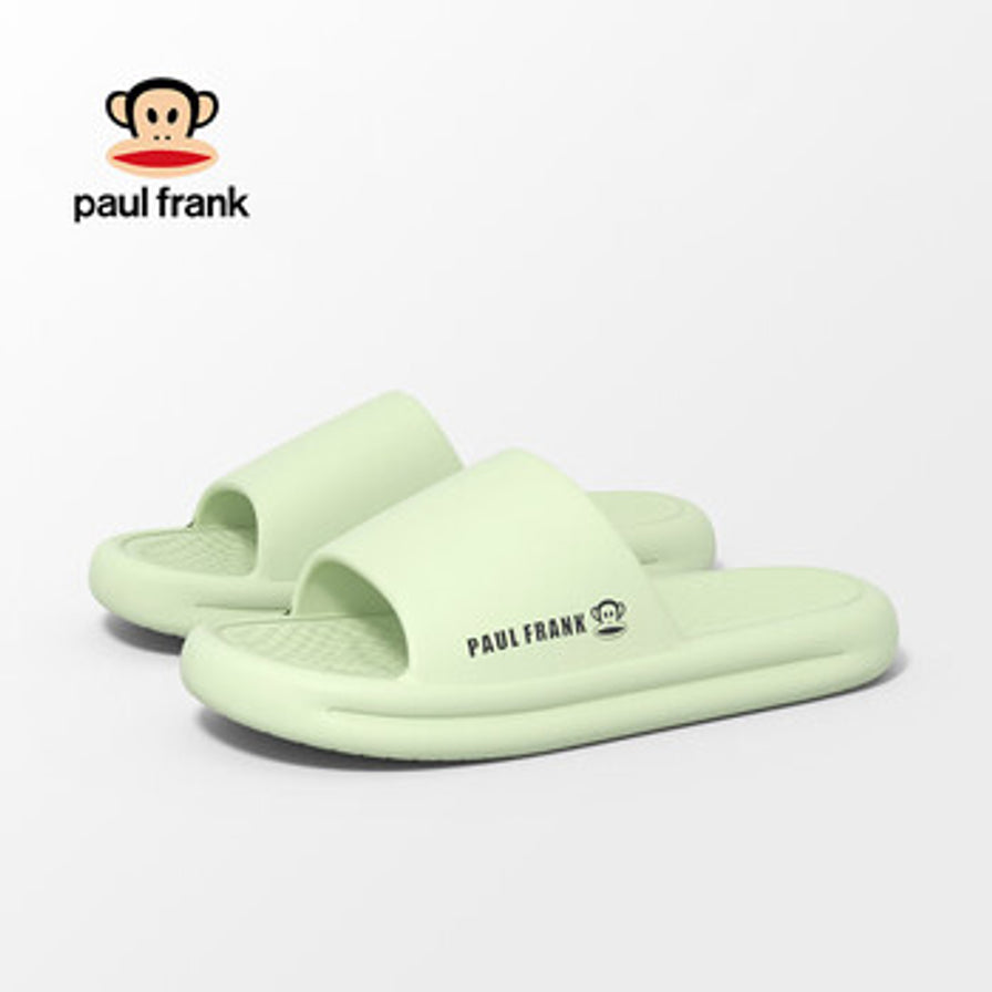 Paul Frank 大嘴猴浅绿色居家拖鞋，左上角带有品牌 Logo。