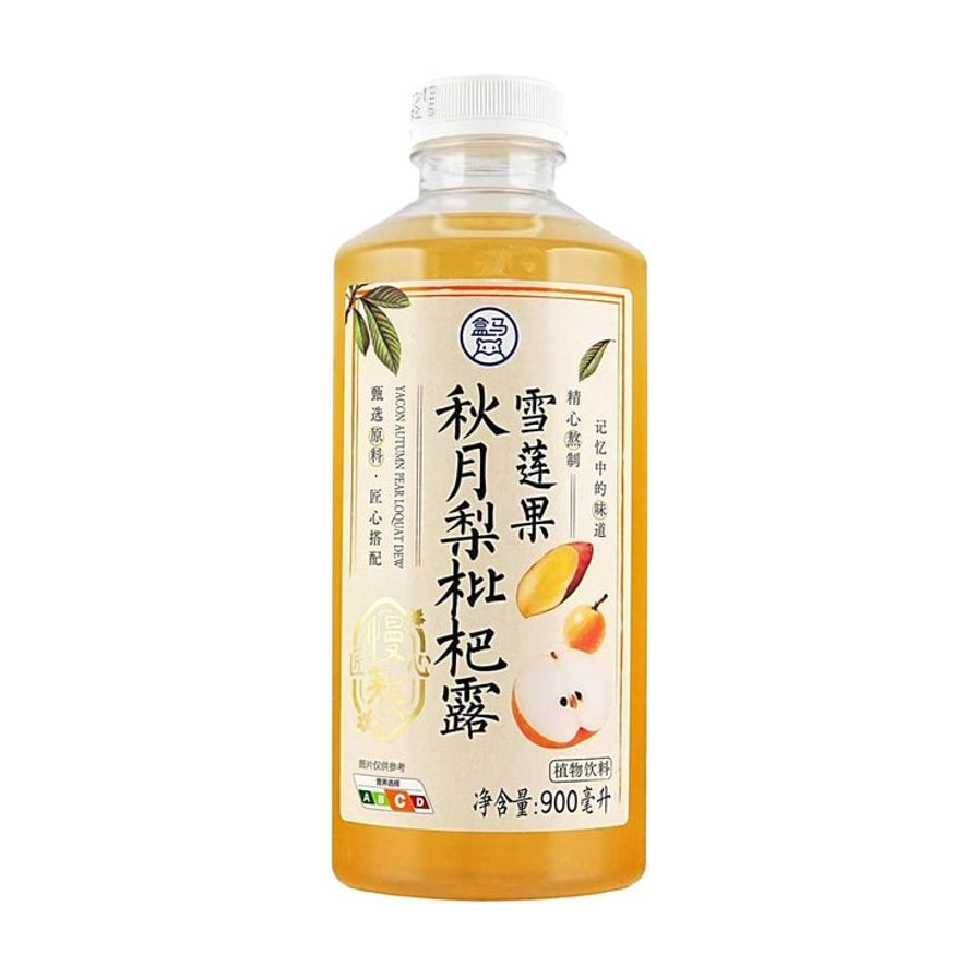 盒马雪莲果秋月梨枇杷露 900ml 植物饮料正面产品图，瓶身标签展示黄色液体及水果图案。