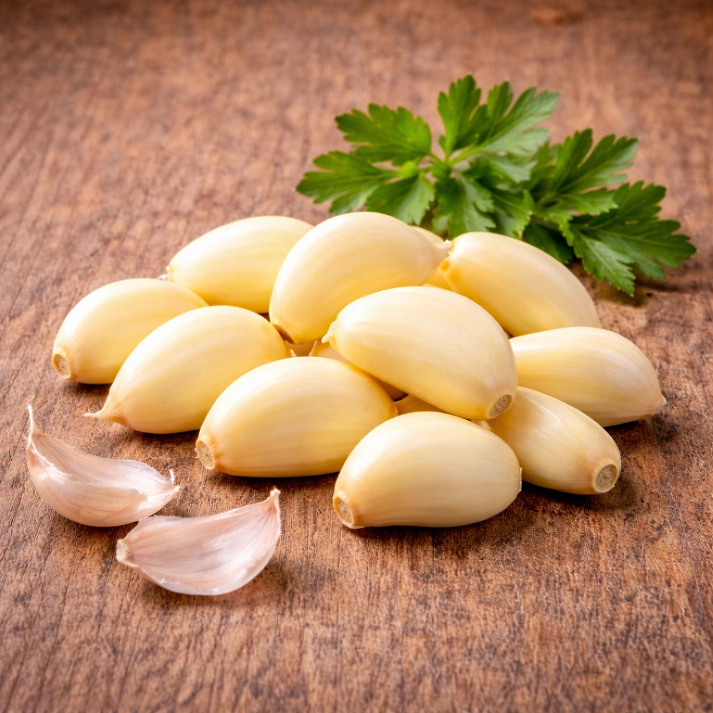 100g 密封包装的新鲜剥皮蒜头正面特写，洁白饱满